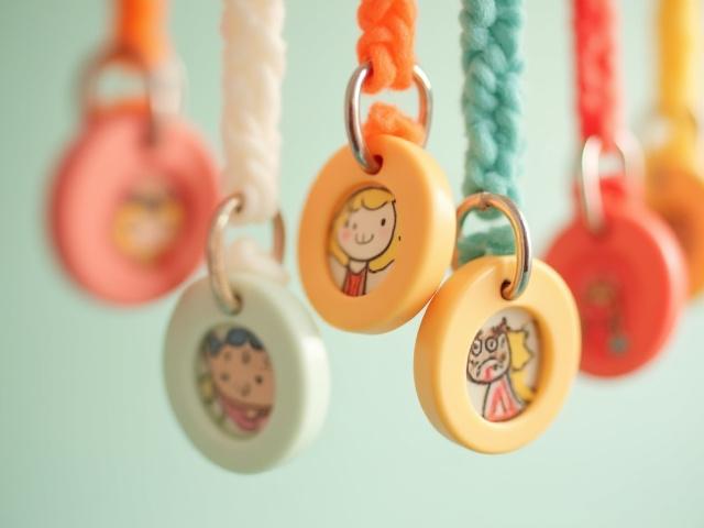 子供たちが描いたカラフルな絵がプリントされたキーホルダー