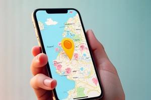 スマートフォンに表示されたイラストマップと現在地を示すピン