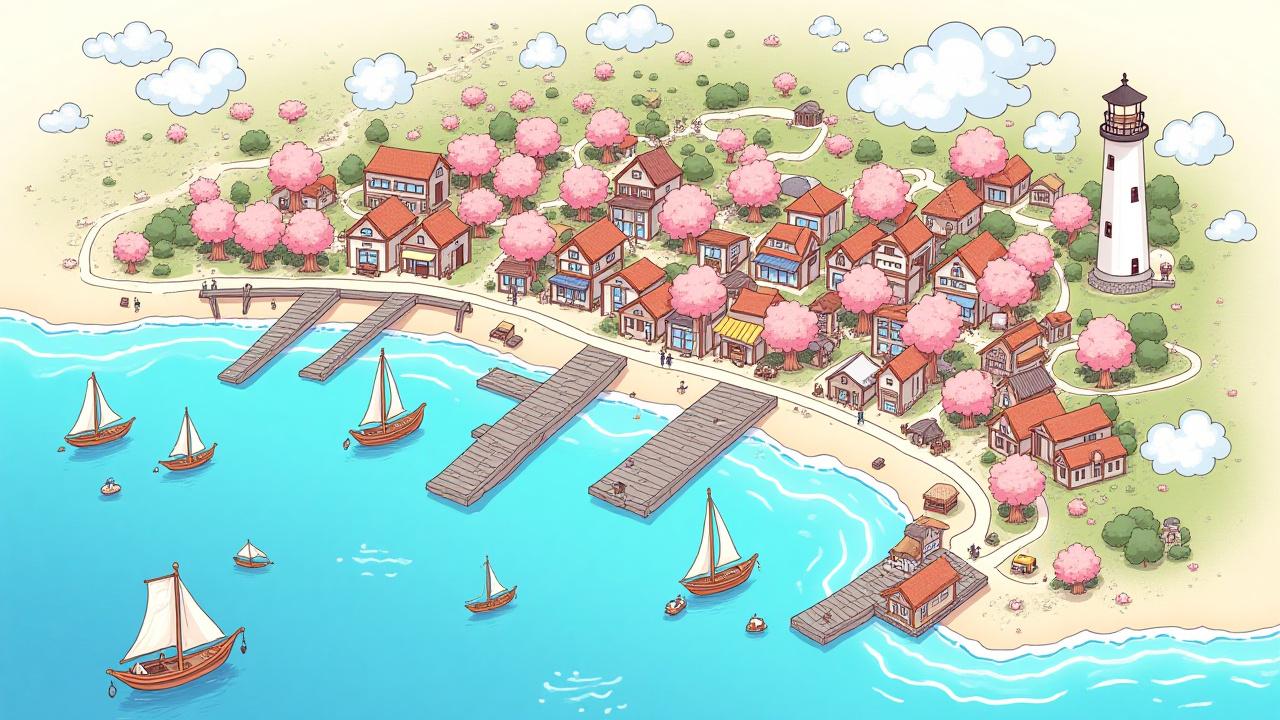 手描きで描かれた活気ある沿岸の町のイラストマップ