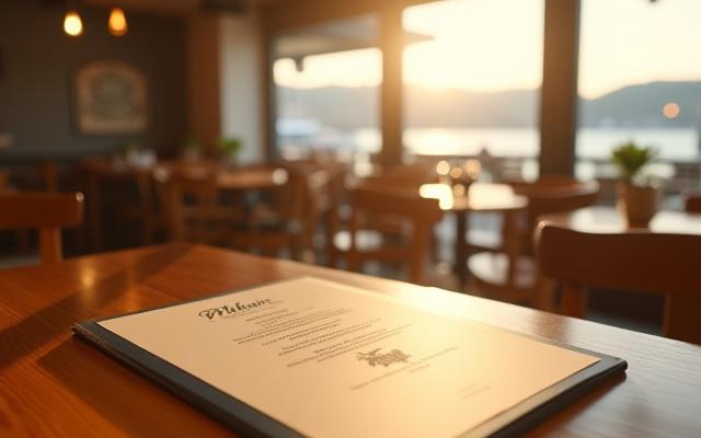 港町カフェのロゴ、メニュー、内装アートの事例