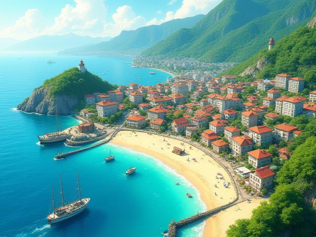 活気ある港町のイラストマップのアニメーション化されたスニペット