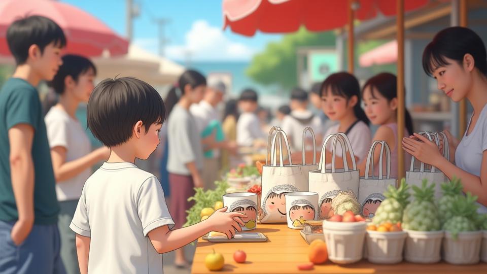 鈴の音マルシェで販売されているオリジナルグッズ、多くの人が手にしている様子