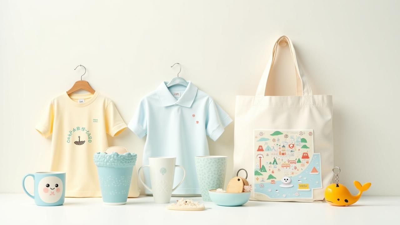 パールウェーブスがデザインしたオリジナルお土産グッズのコレクション。マグカップ、Tシャツ、トートバッグ、ステッカーなどが魅力的に配置されている