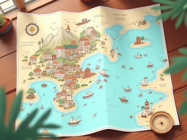 イラストレーションで表現された観光マップのお土産、地域のランドマークがデザインされている