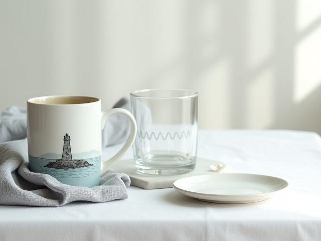 オリジナルデザインのテーブルウェア（マグカップ、グラス、プレート）のモックアップ