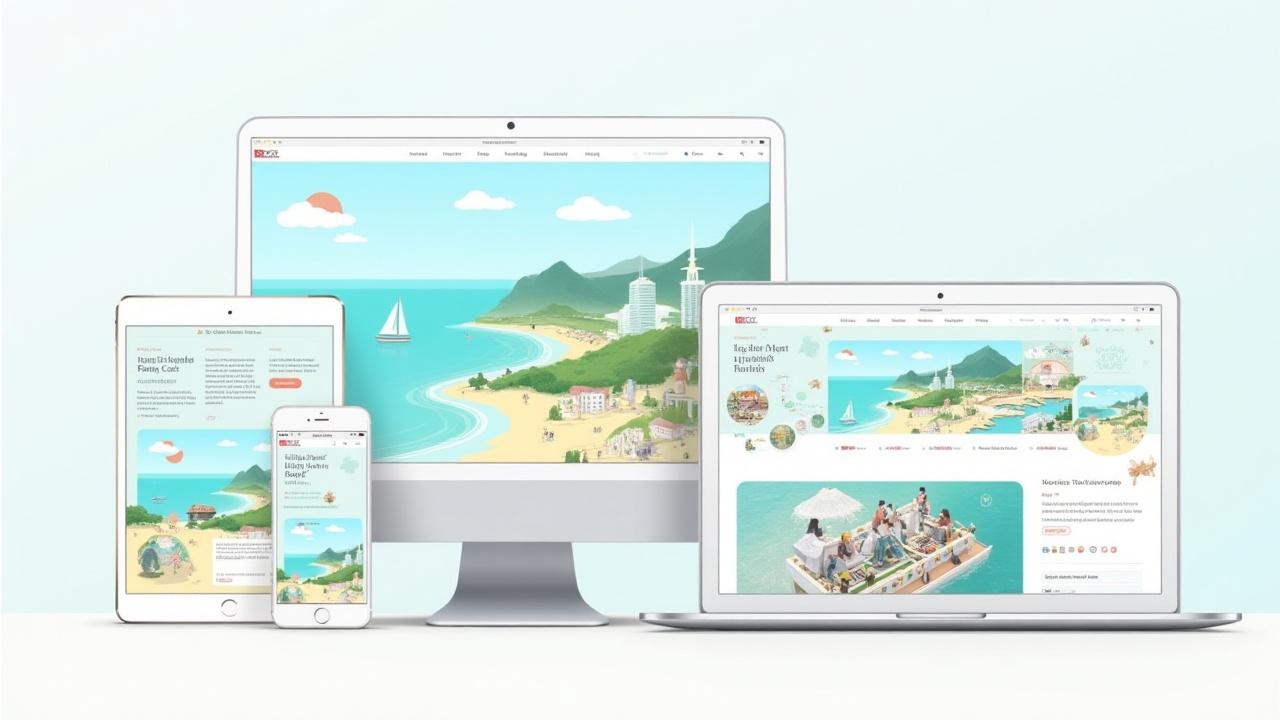 美しくデザインされた観光ウェブサイトのモックアップ montage, デスクトップとモバイルでイラストと地図が特徴