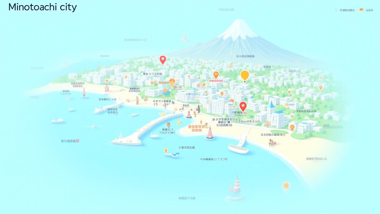 架空の「港町市」観光サイトのホームページ。主要なビジュアルとして大きなイラストマップが特徴。